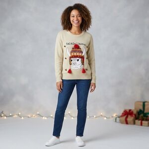 Ugly Christmas Sweater Llama Falalallama Jingle Bells Cream Knit XXL Novelty